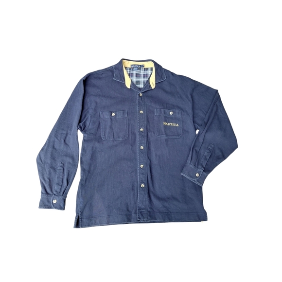 Nautica Navy Shirt with Plaid and Yellow Details - Picture 1 of 6